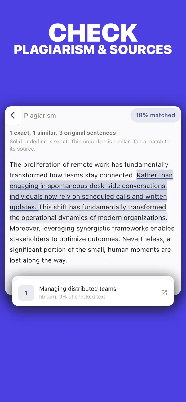 Humanize AI mobile app showing plagiarism matches and sources