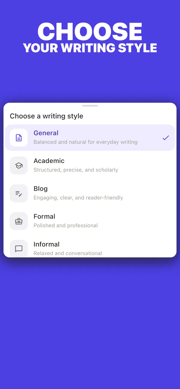 Humanize AI mobile app showing available writing styles