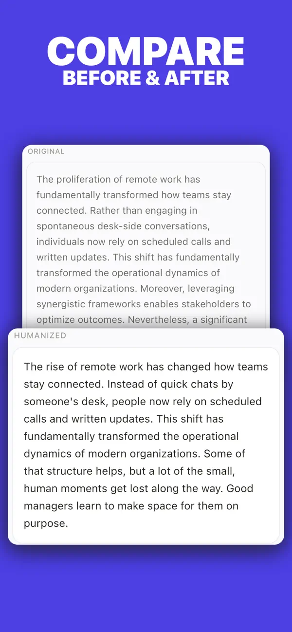 Humanize AI mobile app comparing original and humanized text