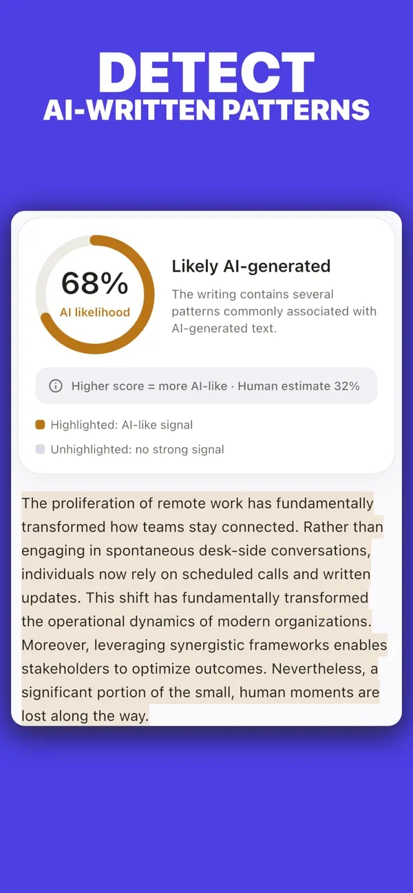 Humanize AI mobile app showing an AI writing detection result