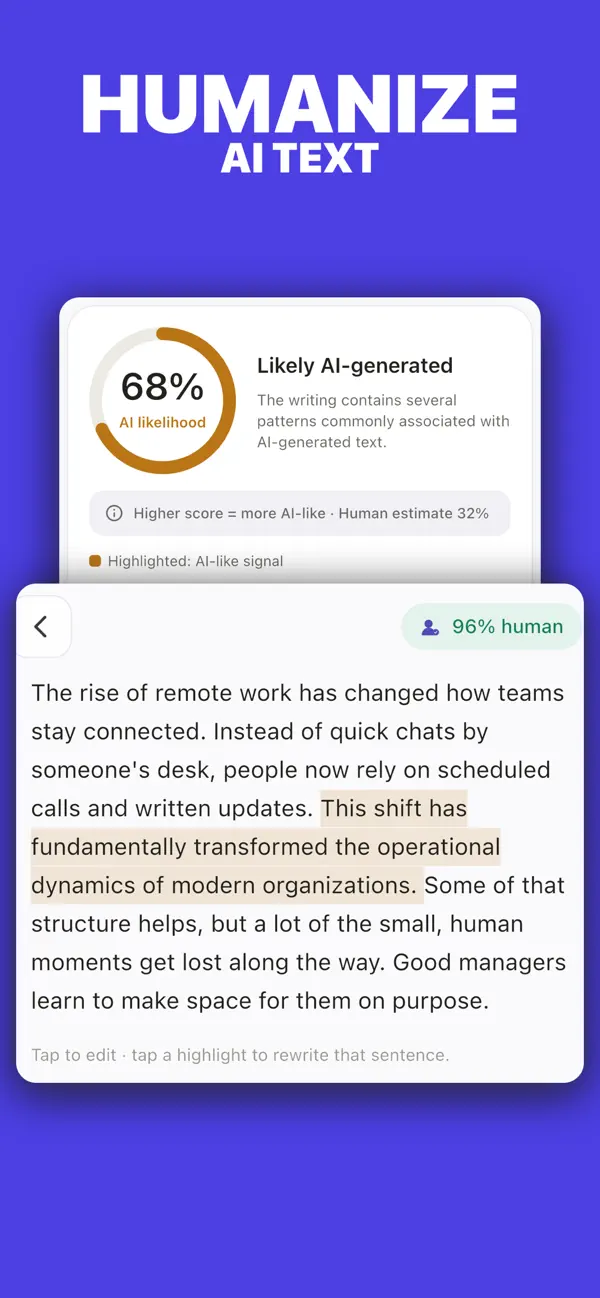 Humanize AI mobile app showing AI text rewritten into natural text